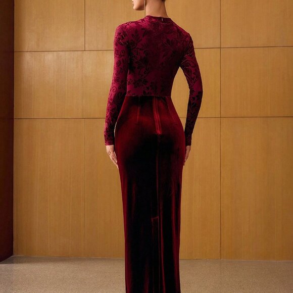 Burgundy Elegant Women's Jacquard Floral Decor Velvet Maxi Dress - Picture 2 of 6